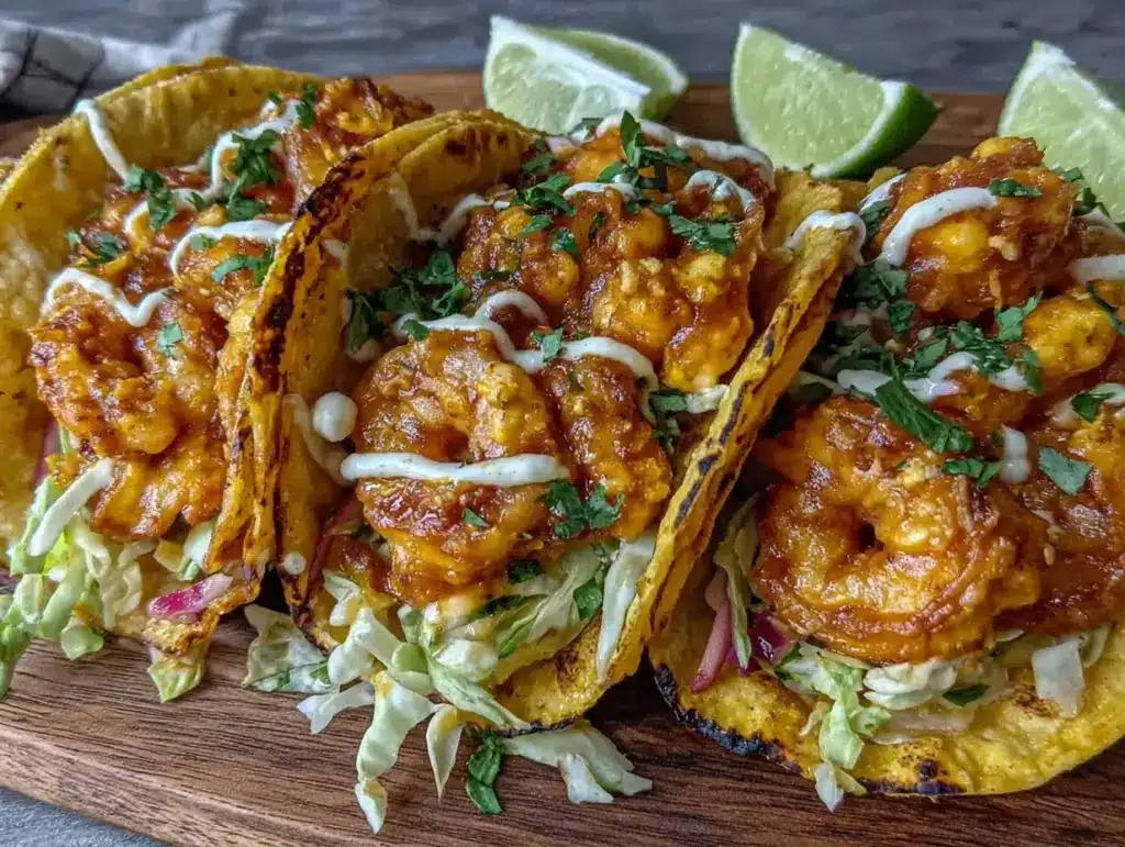 crispy bang bang shrimp tacos - featured image