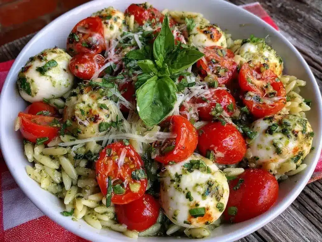 fresh pesto orzo caprese salad - featured image