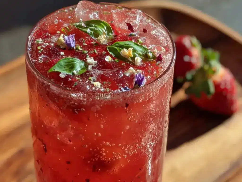 fresh sparkling strawberry rose mocktail - featured image