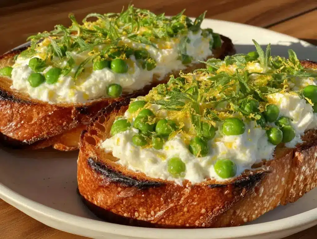 fresh spring pea and ricotta bruschetta - featured image