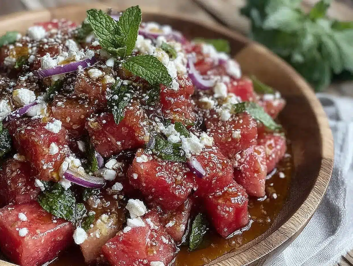 fresh watermelon mint feta salad preparation steps