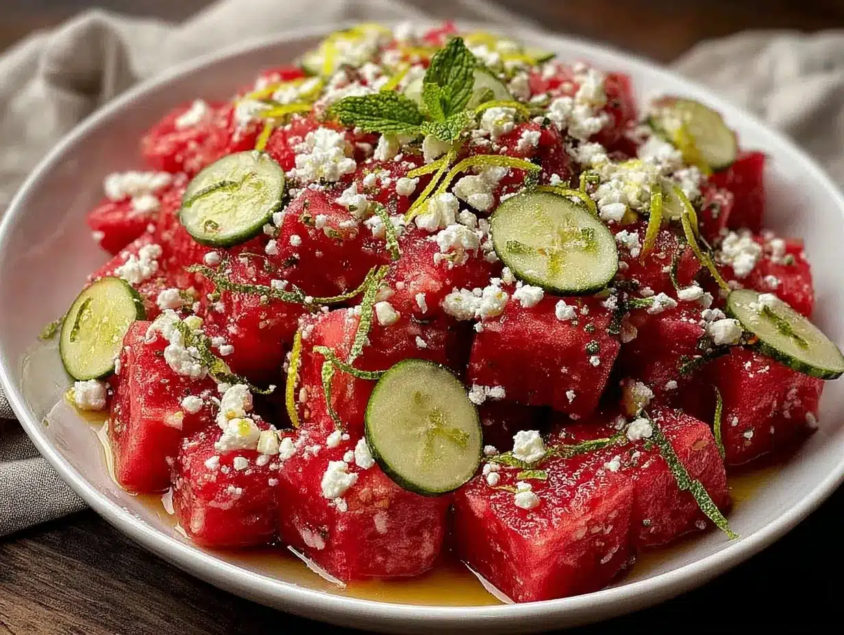 honey lime watermelon cucumber feta salad preparation steps