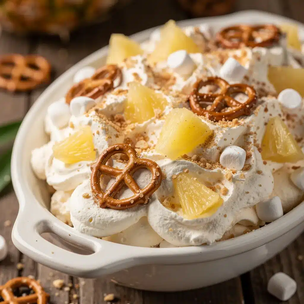 creamy pineapple pretzel fluff dessert salad preparation steps