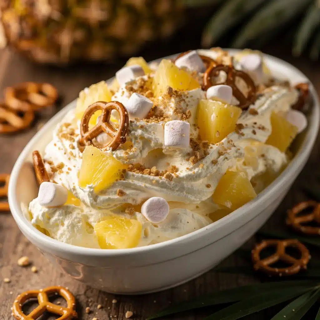 creamy pineapple pretzel fluff dessert salad - featured image