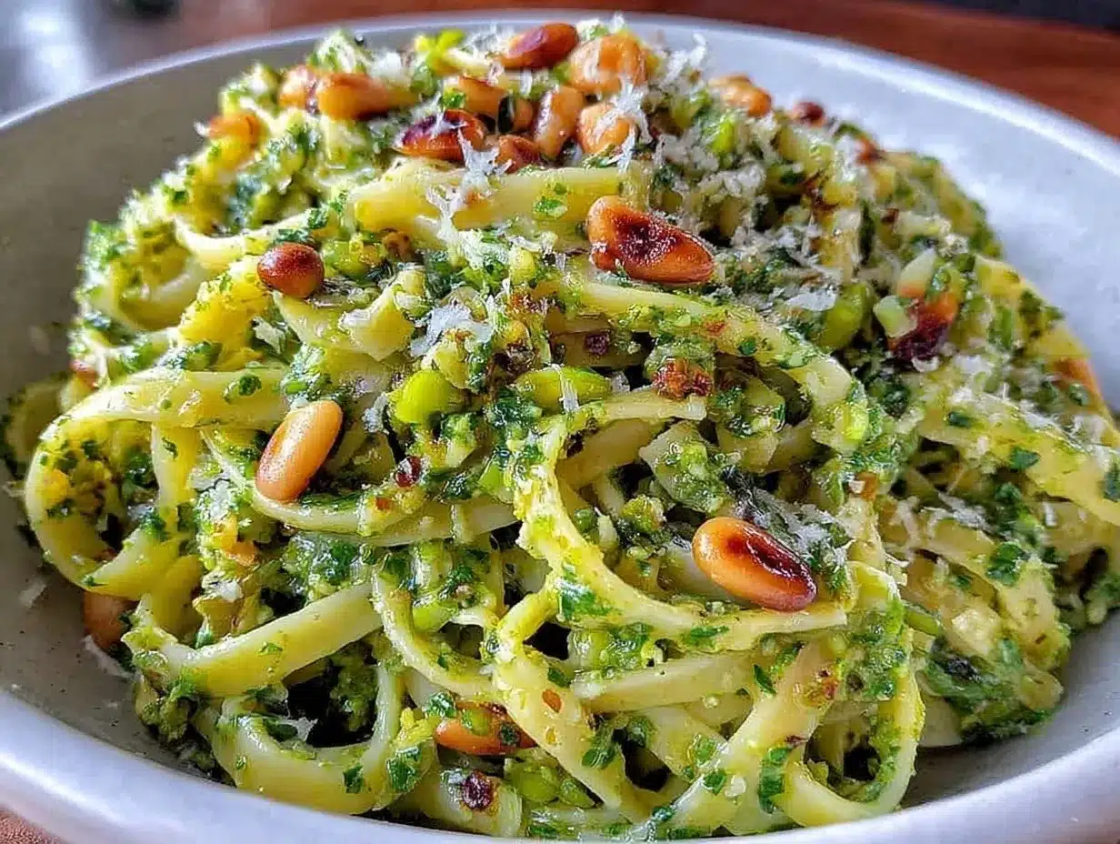 fresh garlic scape pesto pasta preparation steps