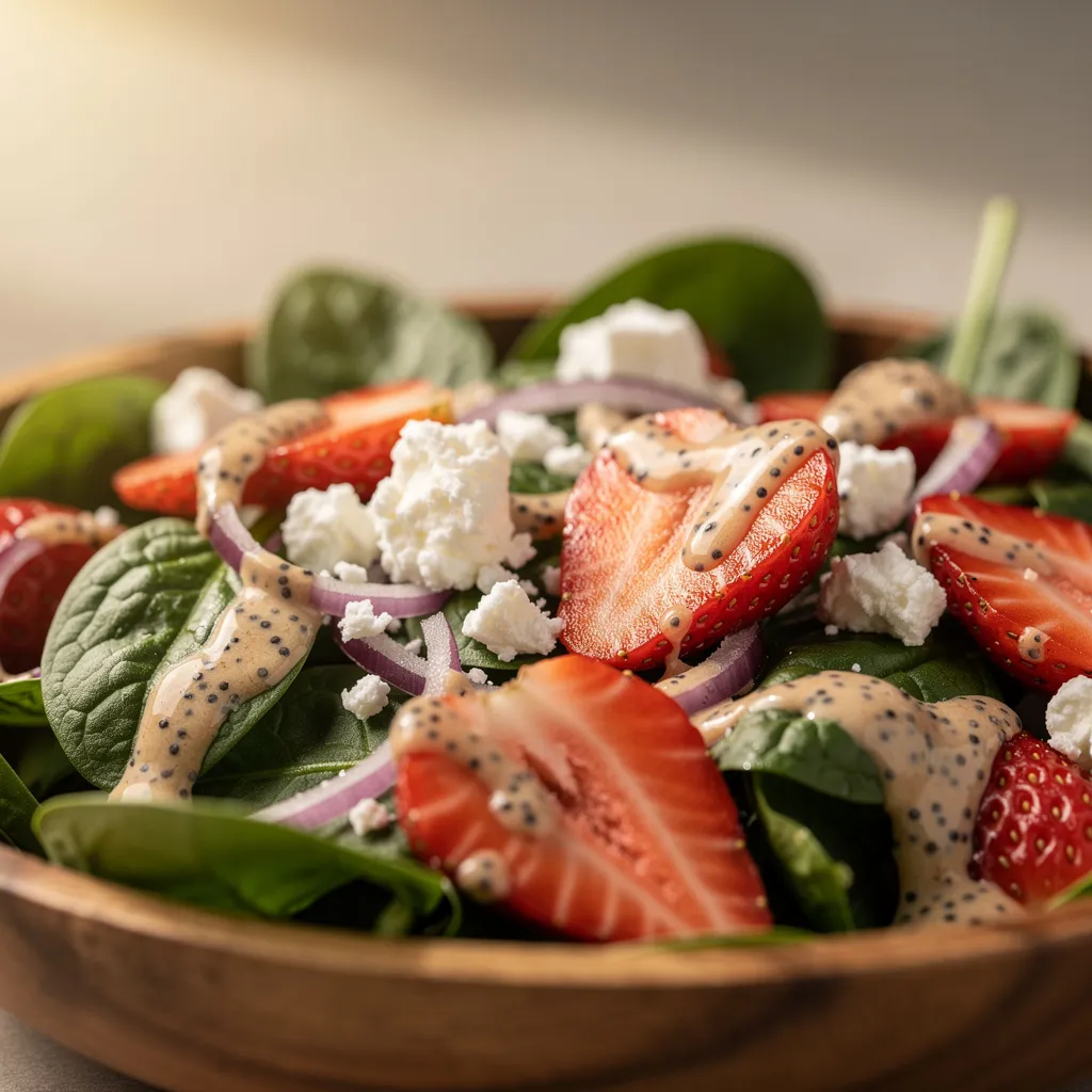 fresh healthy strawberry spinach salad preparation steps