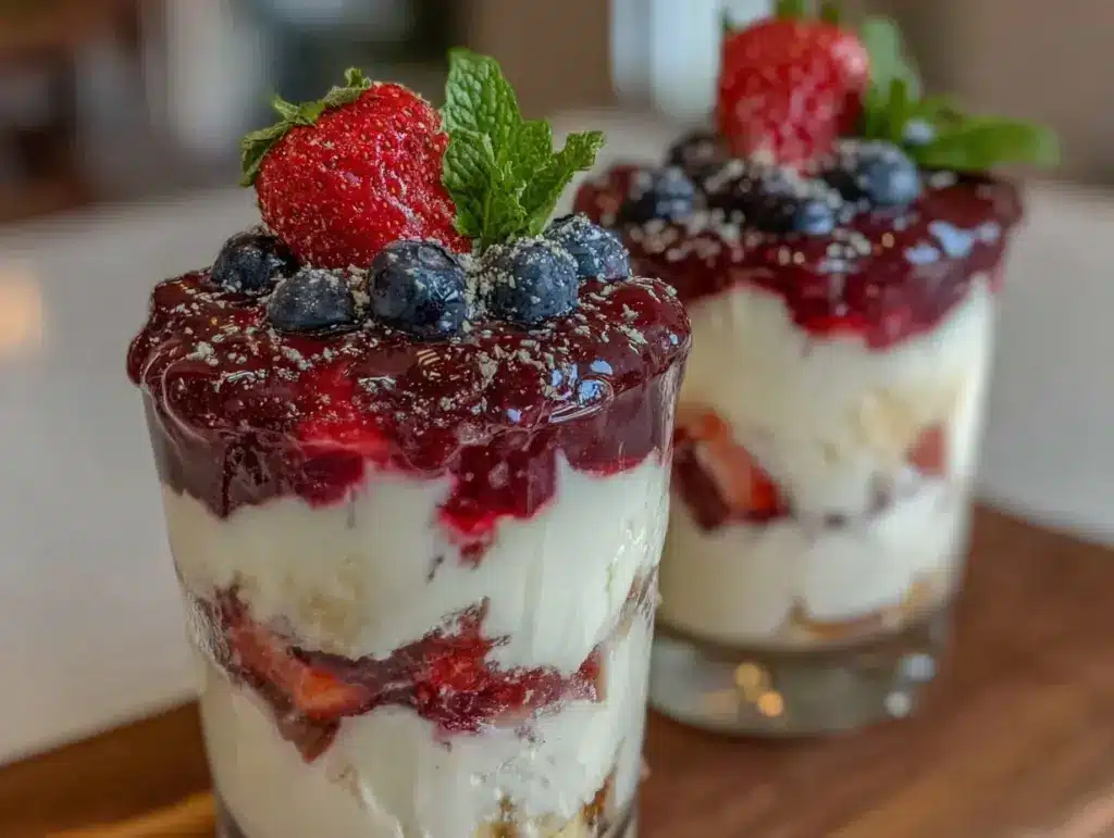 red white blue layered cheesecake parfaits - featured image
