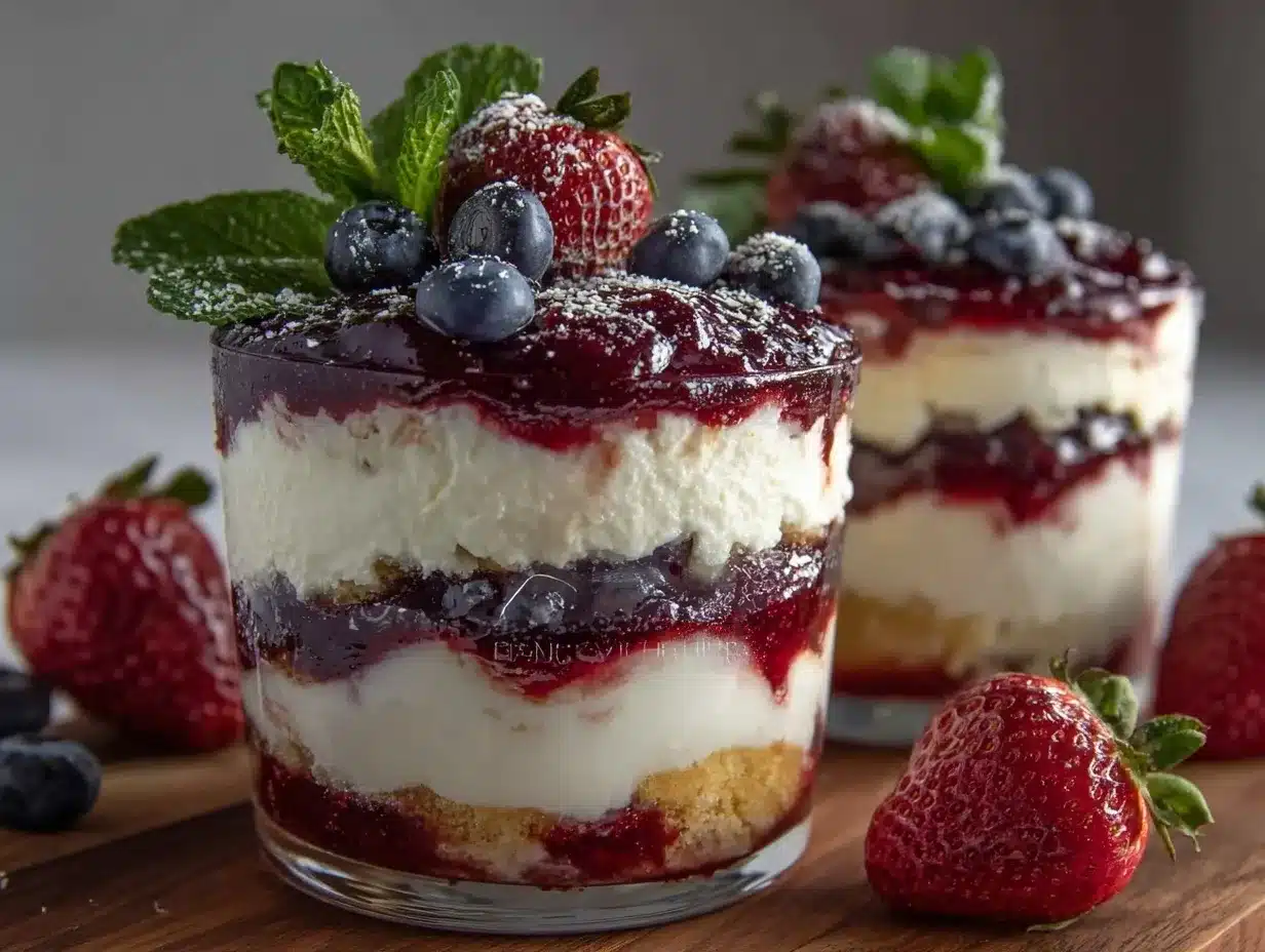 red white blue layered cheesecake parfaits preparation steps