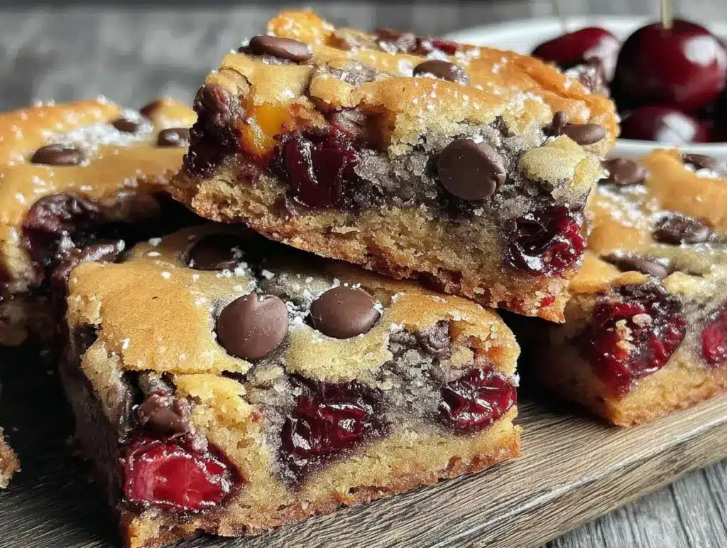 chewy fresh cherry chocolate chip cookie bars - featured image