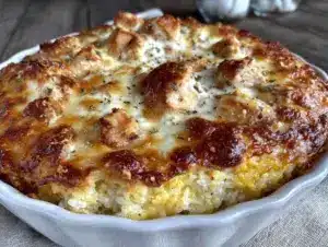 creamy cheesy baked chicken and rice casserole - featured image