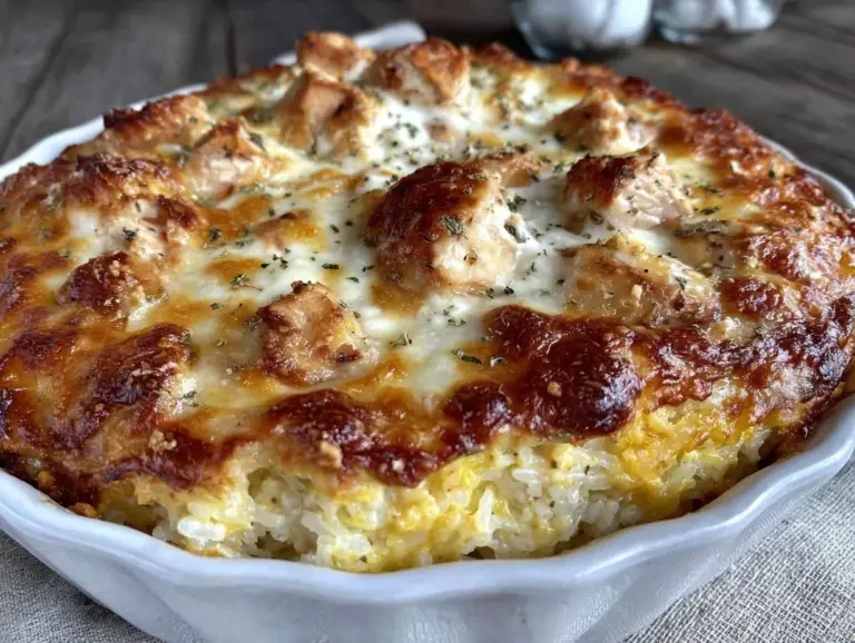 creamy cheesy baked chicken and rice casserole - featured image