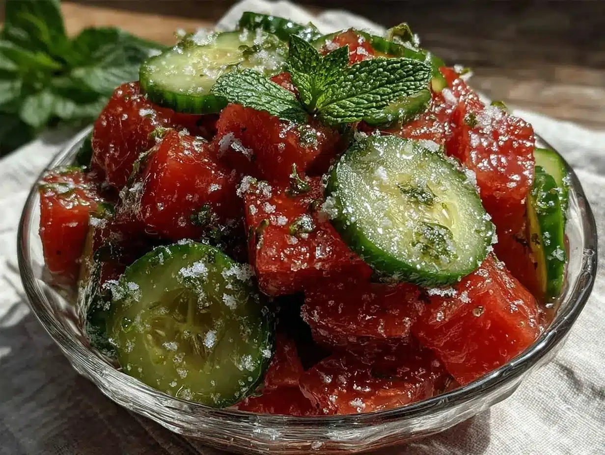 fresh cucumber watermelon mint salad preparation steps