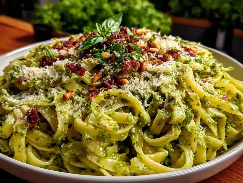 fresh garlic scape pesto pasta - featured image