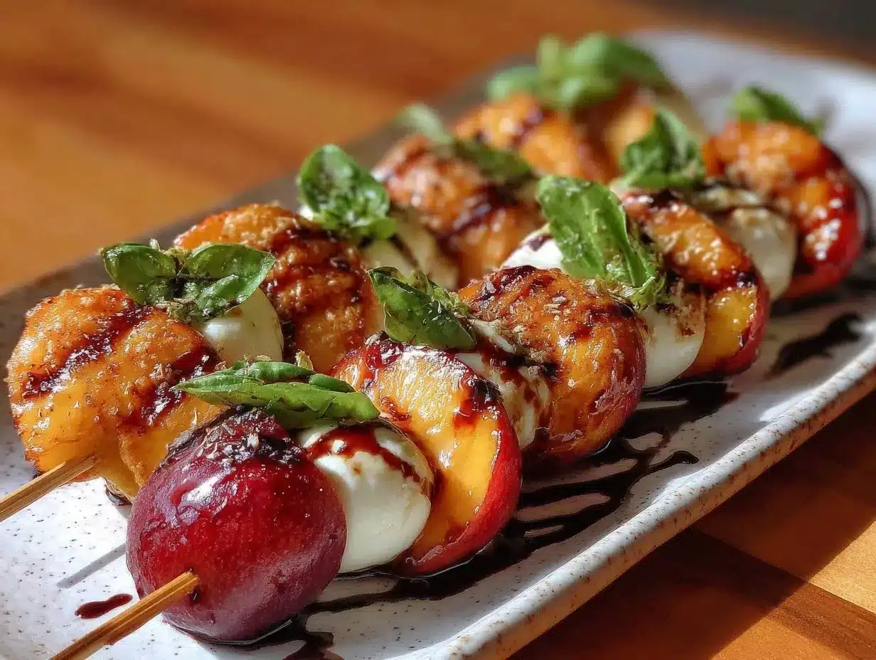 fresh grilled nectarine peach caprese skewers preparation steps