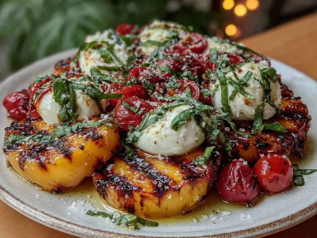 fresh grilled peach burrata caprese salad - featured image