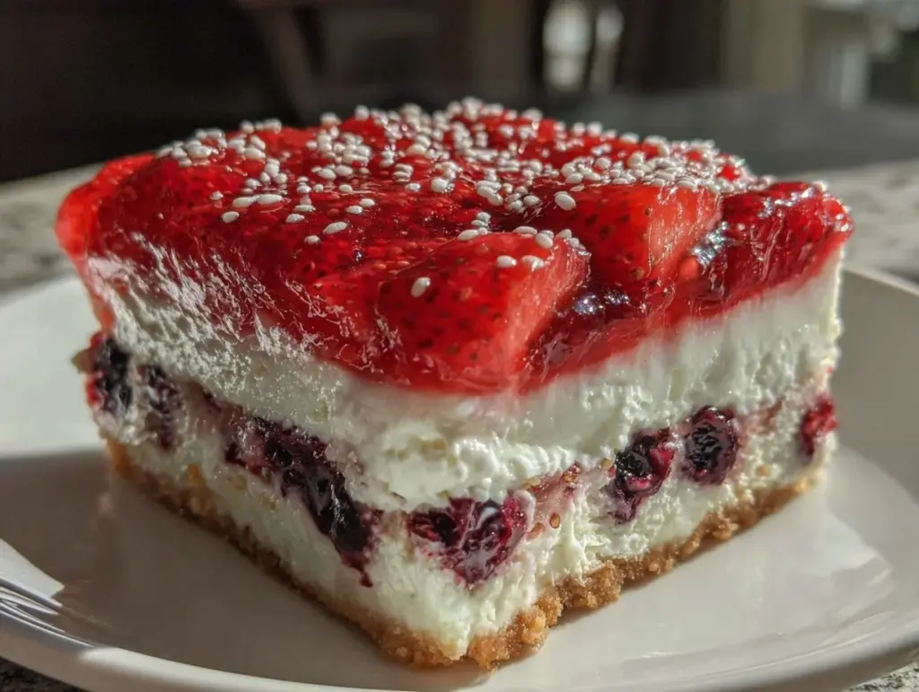 red white and blue layered cheesecake bars - featured image