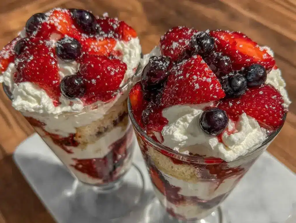 red white blue berry trifle parfait - featured image