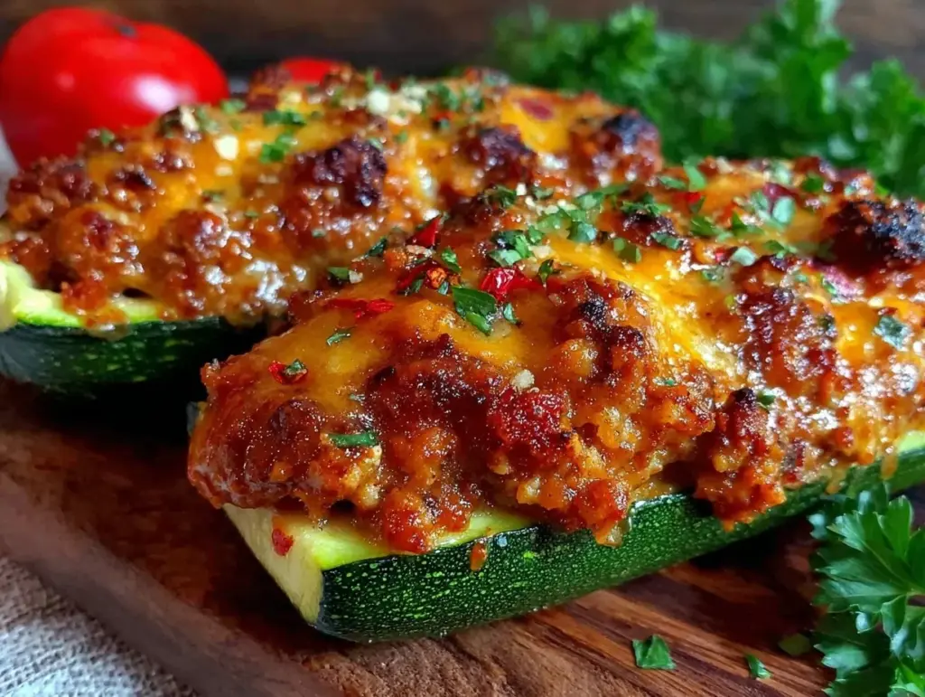 stuffed zucchini boats with ground turkey and cheese - featured image