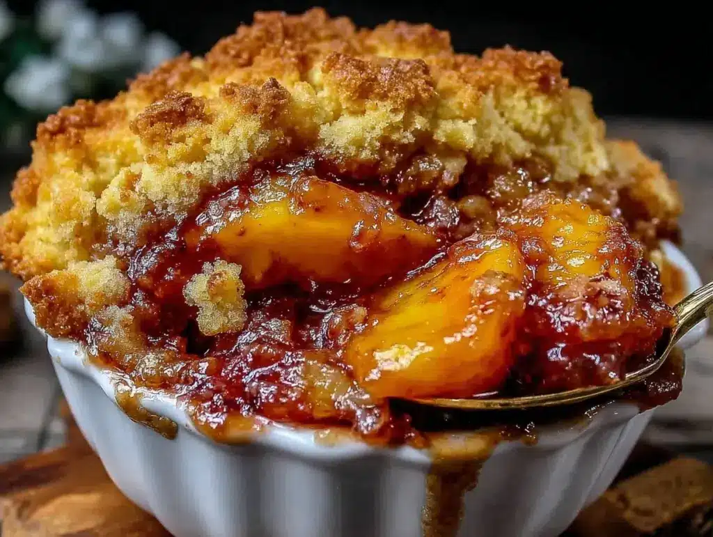 brown sugar bourbon peach cobbler - featured image