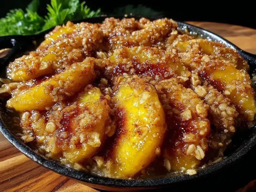 cozy cast iron skillet peach crisp - featured image