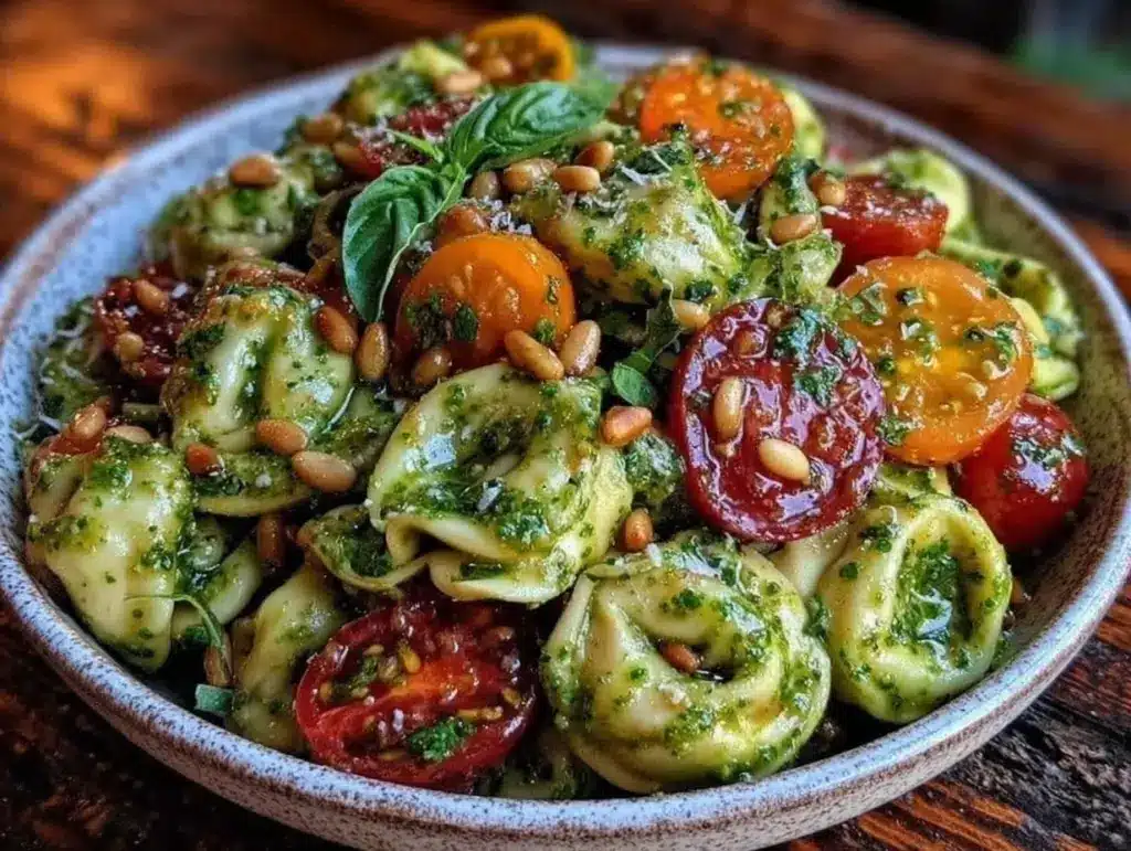 creamy pesto tortellini pasta salad - featured image