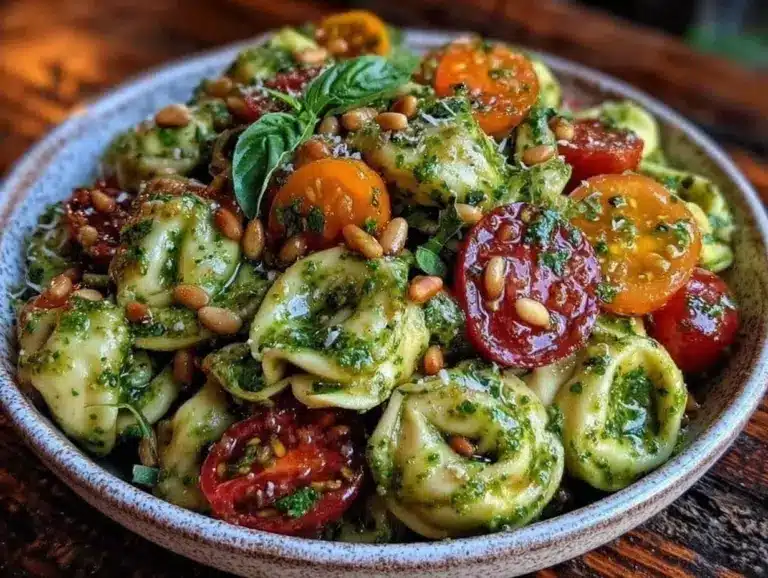 creamy pesto tortellini pasta salad - featured image