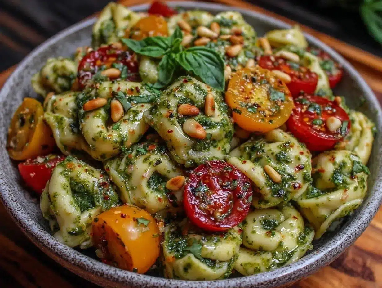 creamy pesto tortellini pasta salad preparation steps