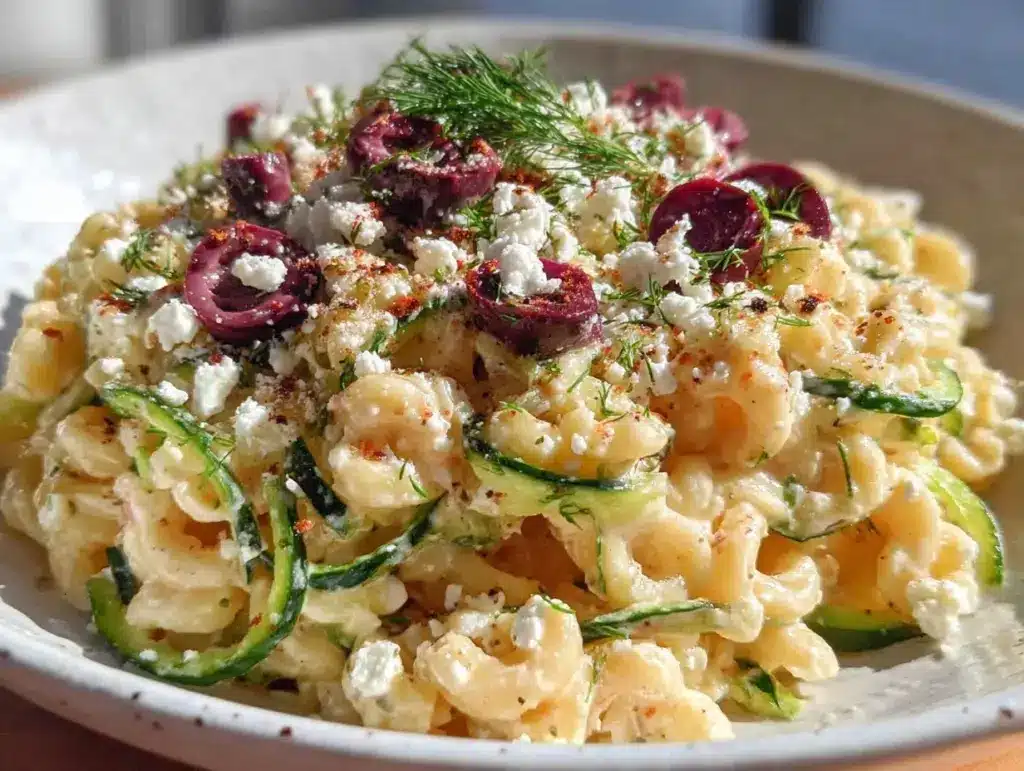 fresh creamy cucumber dill pasta salad - featured image