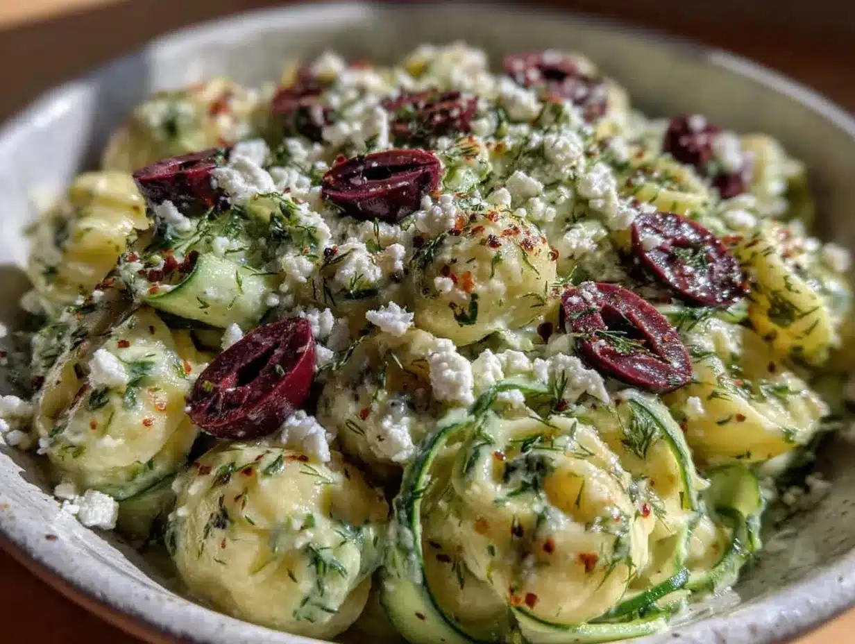 fresh creamy cucumber dill pasta salad preparation steps