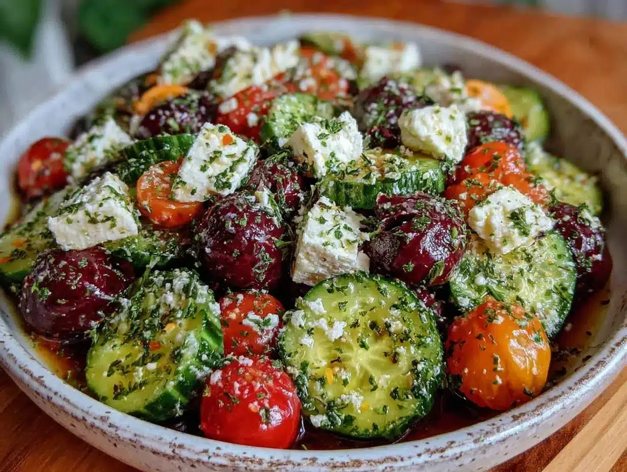 Greek cucumber tomato feta salad preparation steps
