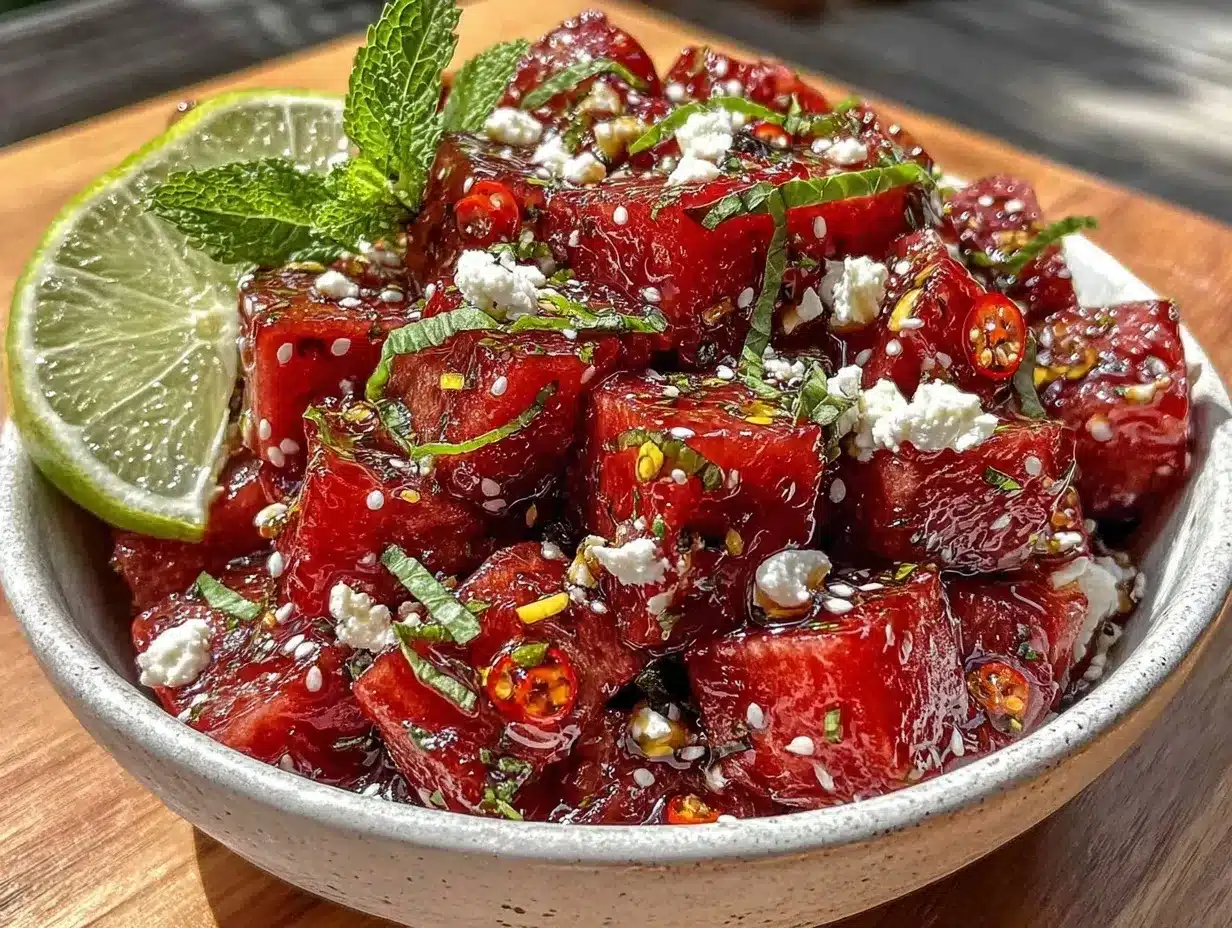 healthy watermelon feta mint salad preparation steps
