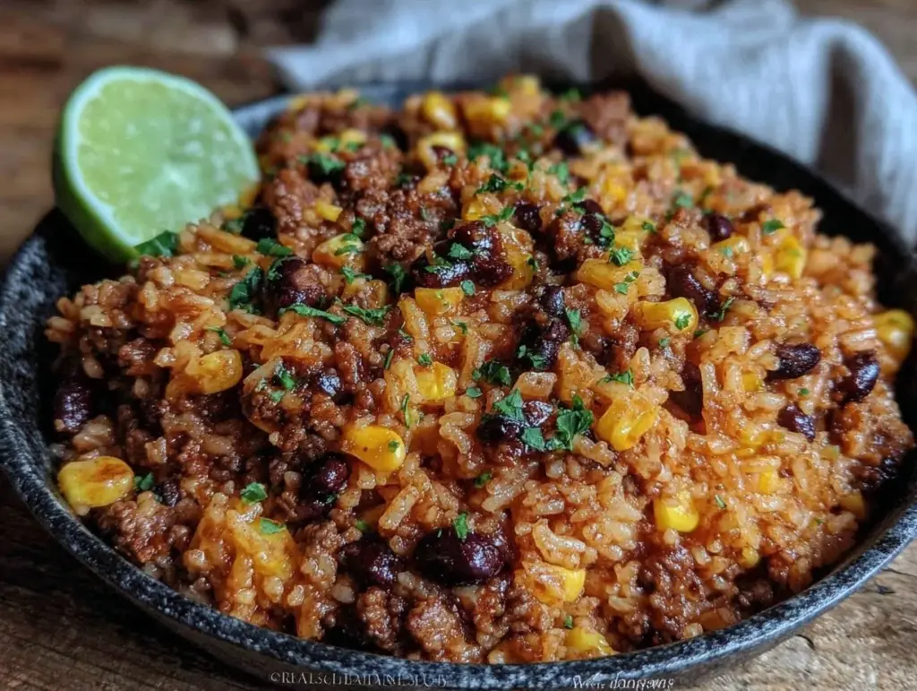 one-skillet ground beef taco rice - featured image