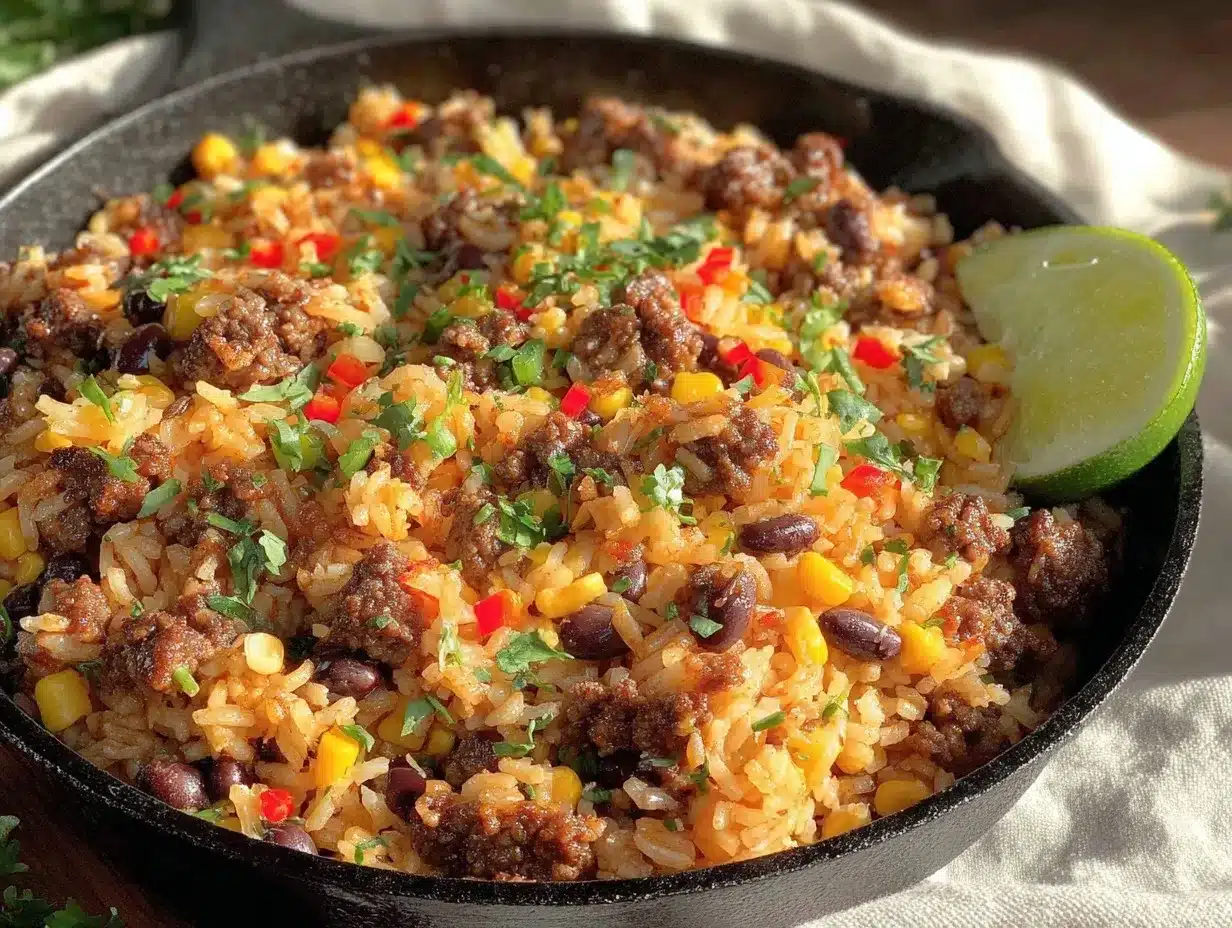 one-skillet ground beef taco rice preparation steps