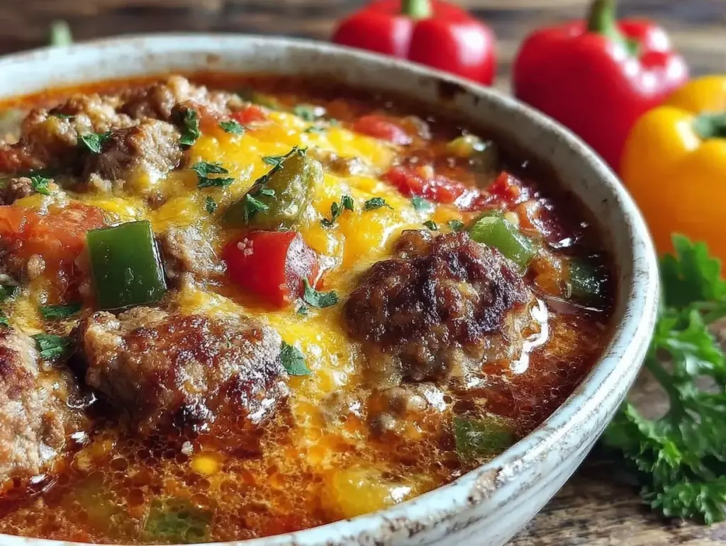 slow cooker ground beef stuffed pepper soup - featured image